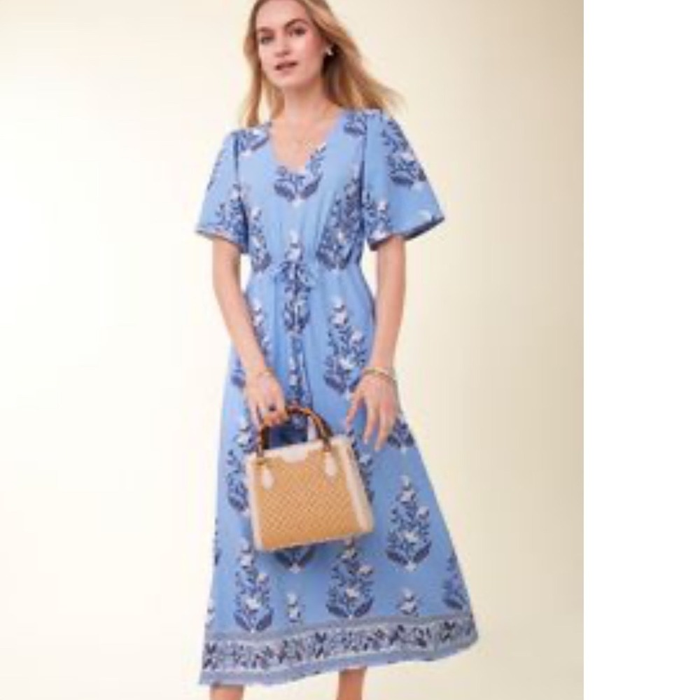 Spartina 449 Blakelynn Midi Dress Ogeechee Blossom Blue Floral Flutter Sleeve S